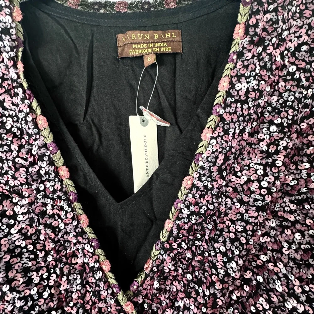 Anthropologie Varun Bahl Purple Pink Sequin Wrap Dress 3/4 Sleeve NWT Size 6 - Picture 7 of 10